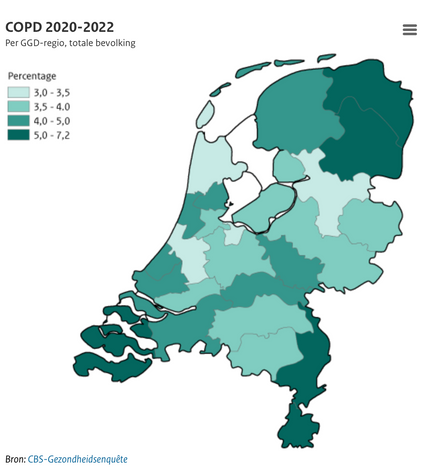 Percentage COPD patienten per regio in Nederland - Ondersteunend aan blog van Fysio in Stiphout over COPD